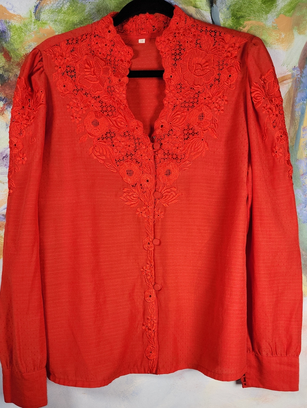 Vintage Red Floral Lace Button-Front Blouse
